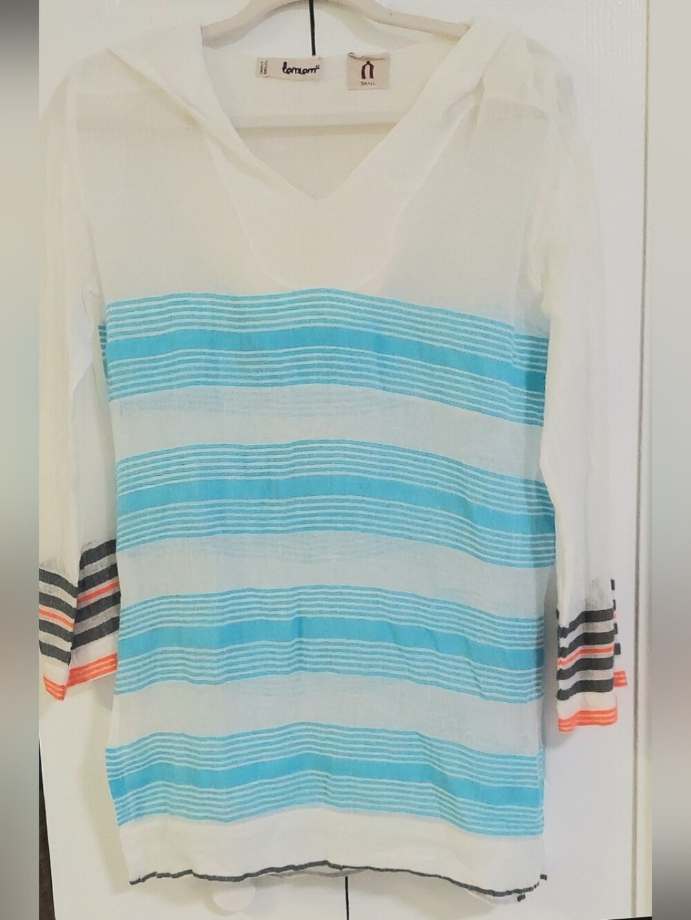 Lemlem Tunic, Size Small, Hoodie, Blue Striped, Cotton